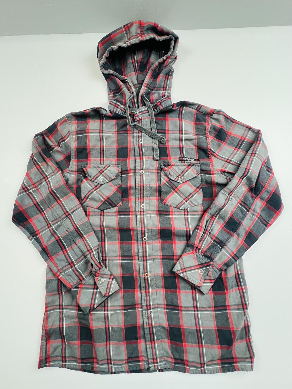 Sinister Shirt Mens Medium Gray Plaid Hooded Flannel Snap Front Long Sleeve